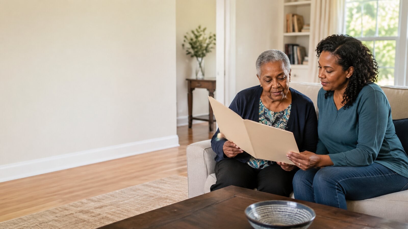 An older adult and a family member reviewing care information together at home.